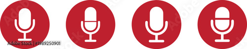 Microphone icon set inside red circles for podcasting recording and vocal performance symbols in modern flat art style.