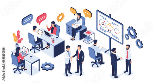 Busy office environment showing people working on laptops, shaking hands, and analyzing project charts on a presentation board.