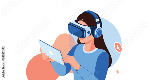 Young woman wearing a virtual reality headset and headphones while interacting with a tablet against a colorful abstract background.
