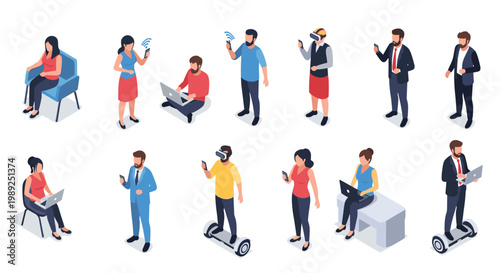 Diverse collection of people using modern technology including laptops, smartphones, virtual reality headsets, and riding hoverboards.