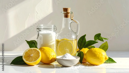 A still life of lemons and kitchen ingredients on a white surface