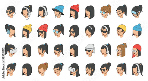 Large collection of female avatars showing a variety of hairstyles and modern tech gadgets like VR headsets and headphones.