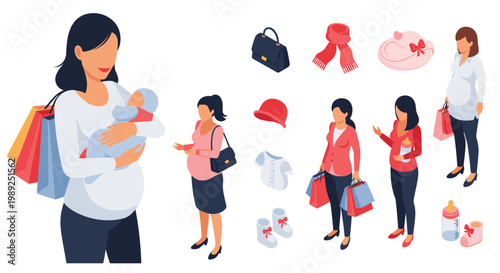 Diverse pregnant women shopping for baby clothes and accessories along with icons for nursery items and maternity gear.