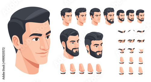 Detailed character creation kit for male faces including various angles, expressions, and individual facial features like noses.