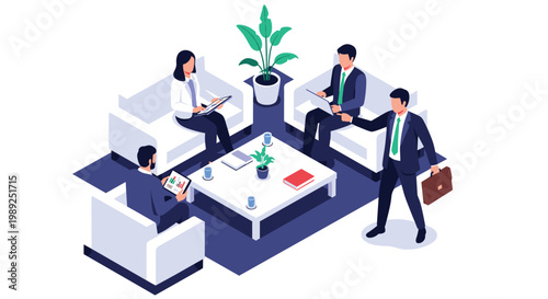 Professional team works together in a modern isometric office lobby or lounge area with sofas and digital data displays.