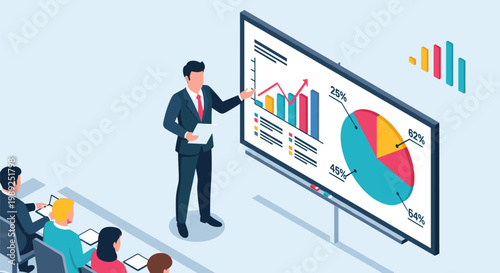 Businessman gives a detailed data presentation with colorful pie charts and bar graphs to an engaged corporate audience.