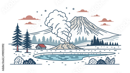 A minimalist vector illustration of a volcanic landscape with a house silhouette