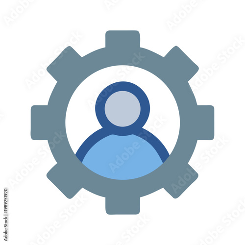 Stylized icon of a person within a grey gear, digital settings illustration