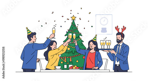 Group of friends celebrate the holiday season together at a festive Christmas party with a decorated tree and champagne.