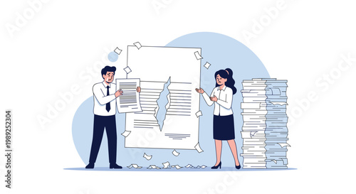 Stressed office workers react with shock to a giant torn document and a large stack of unfinished paperwork on the floor.