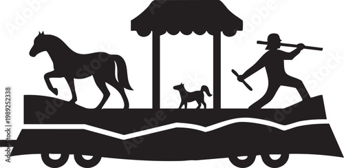 Silhouette scene of a vintage carousel on an open book with a horse, dog, and archer