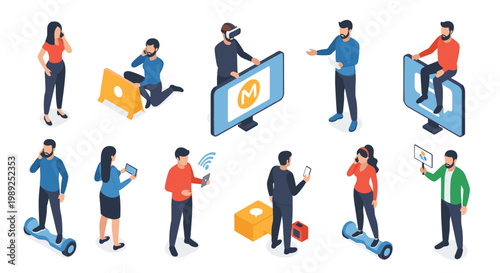 Diverse set of isometric characters using various modern technologies like hoverboards, VR headsets, and smartphones.