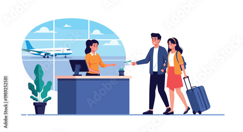 Young couple checks in at an airport service desk while preparing for their flight with an airplane visible in the background.