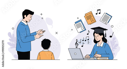 Split screen illustration shows a teacher instructing a young student and a graduate in a cap working on digital music.
