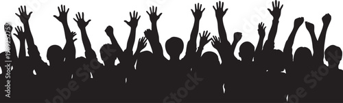 A diverse group of people raising their hands in celebration or agreement
