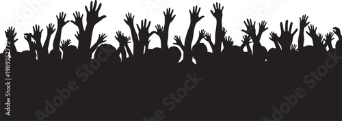 Silhouettes of a crowd raising hands in celebration or applause