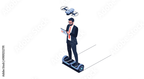 Businessman rides a futuristic hoverboard while skillfully controlling a flying camera drone with a digital tablet device.