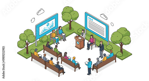 Group of people attend an outdoor business seminar in a park with professional speakers and data presentation screens.