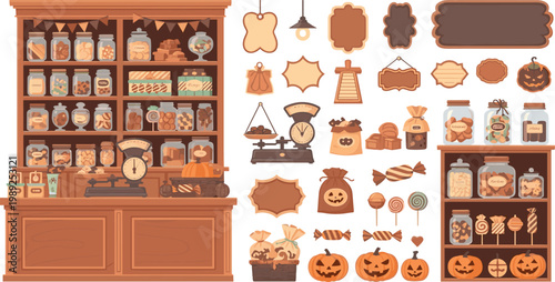Vintage Candy Shop Interior with Shelves Jars Sweets Pumpkins and Halloween Decorations Cartoon Illustration Set with Labels Frames and Confectionery Elements