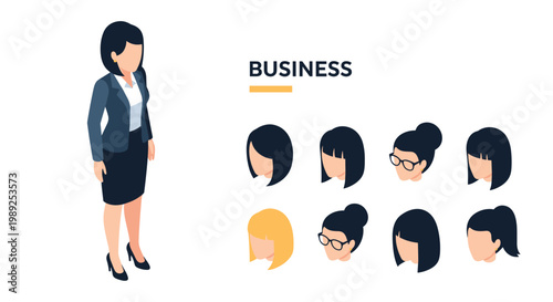 Isometric businesswoman stands beside a collection of eight different female head avatar options with varied hairstyles.