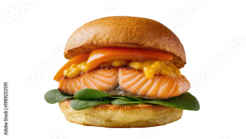 Gourmet grilled salmon burger with fresh spinach, sweet mango sauce, and ripe tomato slices on a toasted brioche bun, isolated PNG on transparent background