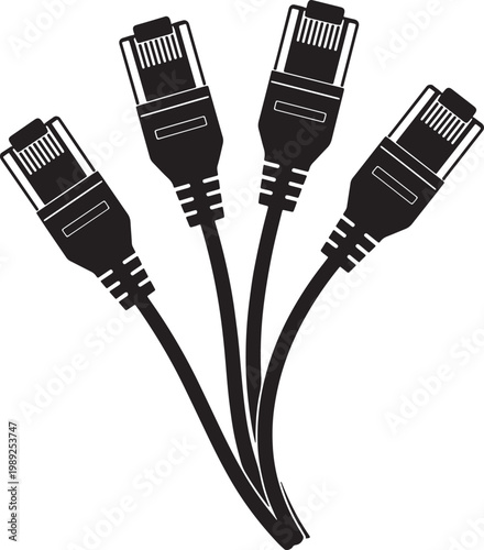 Four black Ethernet cables with RJ45 connectors  network connection  communication technology