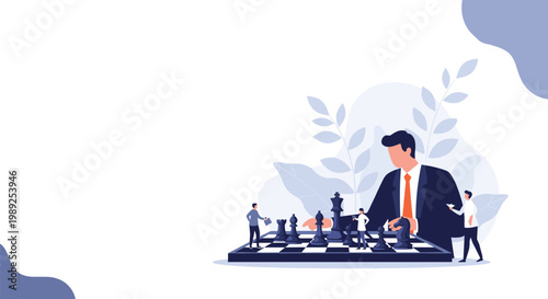 Professional businessman making strategic moves on a large chess board with small human figures representing team members and growth.