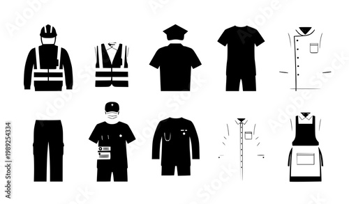 Staff uniform vector set with road worker security hospital and restaurant workwear clothing flat illustration design
