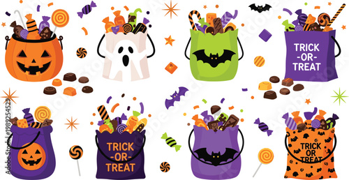 Halloween Trick or Treat Candy Bags with Pumpkins Ghosts Bats and Sweets Colorful Cartoon Collection for Kids Party Designs Festive Decorations and Holiday Graphics