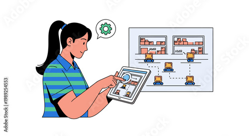Woman managing automated warehouse logistics with tablet, robots and shelves illustration