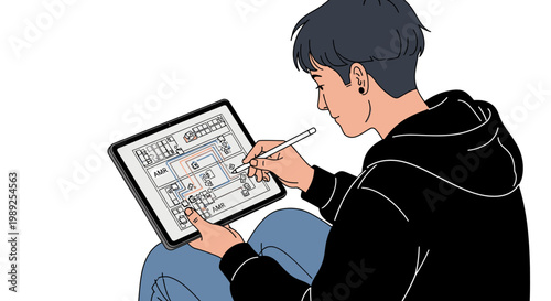 Young man drawing a complex diagram or flowchart on a digital tablet with a stylus pen, modern illustration