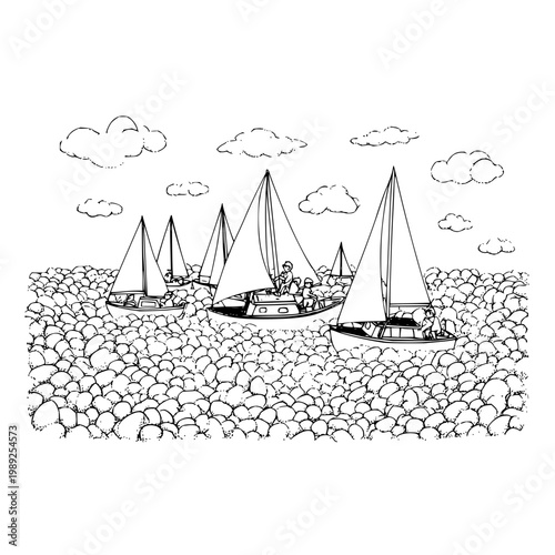 Sailing Boats on Dry Sea with Clouds