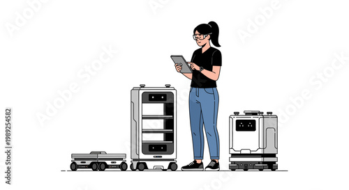 Woman with tablet controlling autonomous mobile robots for logistics and warehouse automation