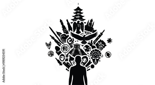 Silhouette of a person with a collection of global cultural symbols and landmarks emerging from their head