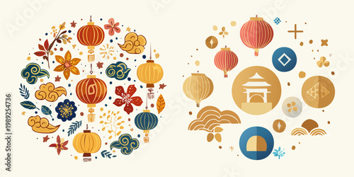 Vibrant collection of cultural elements celebrating the festive traditions of Asian heritage, featuring decorative lanterns, blooming flowers, and traditional architectural motifs