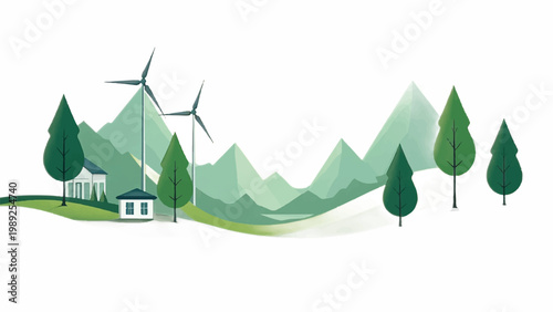 Eco friendly landscape, green mountains, wind turbines, trees, sustainable environment, nature