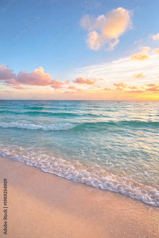 Obraz premium Tropical beach sunset with turquoise ocean waves and pastel skysunset on the beach