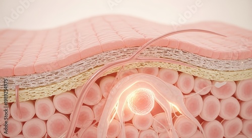 Detailed cross-section of healthy human skin showcasing vibrant cell layers, fibrous structures, and active cellular processes