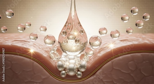Concentrated golden serum drip beautifully penetrates skin layers, delivering hydrating essence and nourishing bubbles for healthy, radiant complexion