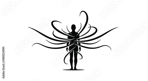 Silhouette of a person entangled in swirling, abstract dark tendrils against a white background.