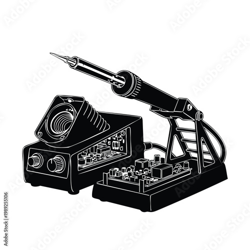Electronic soldering station repair tools silhouette set bundle art.
