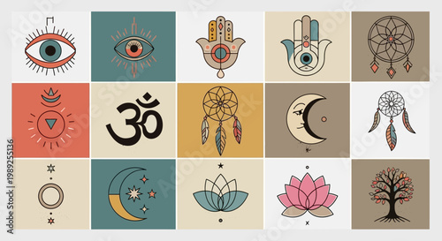 Set of Esoteric Spiritual Symbols and Mystical Icons in Boho Style