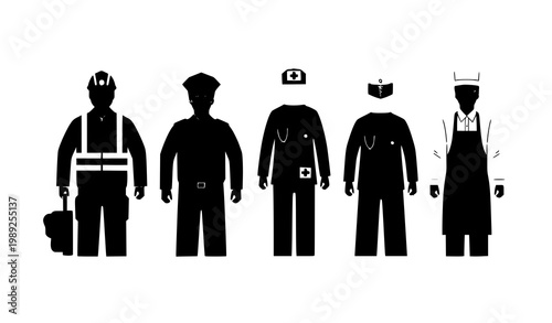 Flat vector work uniform set showing road worker security guard hospital and restaurant staff clothing for profession clothing catalog design