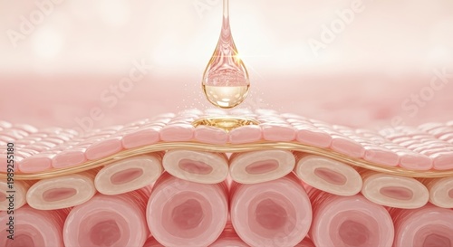 Golden drop of serum visibly nourishes and revitalizes skin cells, highlighting deep hydration and cosmetic treatment benefits