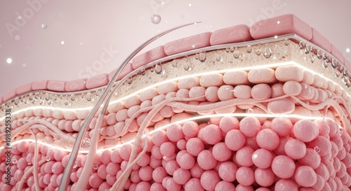 Microscopic illustration of skin layers shows intricate cellular structure, highlighting moisture and hair follicles for skincare science representation