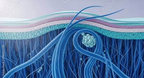 Microscopic view of skin tissue layers reveals vibrant blue fibers and cellular structures showcasing intricate biological complexity