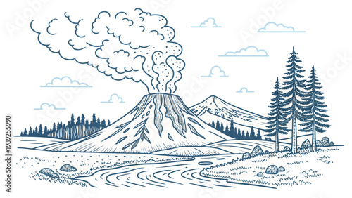 A vector graphic illustration of a volcano erupting in a natural landscape