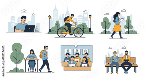Diverse People in Urban & Outdoor Settings: Working, Cycling, Studying, Relaxing