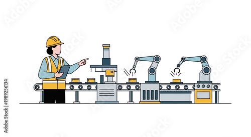 Factory worker supervising automated assembly line with robotic arms and conveyor belt