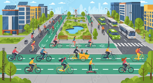 Eco-friendly city with cyclists, pedestrians, and green transport